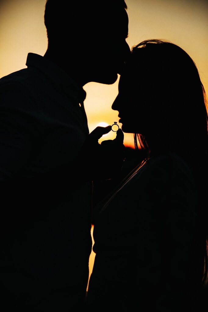 couple, kiss, wedding, silhouette, romance, just married, happiness, relationship, sweethearts, young, love, fidelity, youth, tenderness, hugs, ring, sunset, nature, portrait