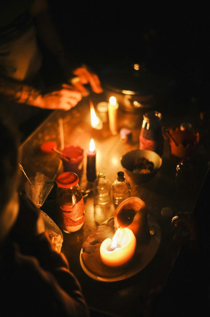 A serene candlelit scene creating a warm and inviting atmosphere on a dimly lit table.